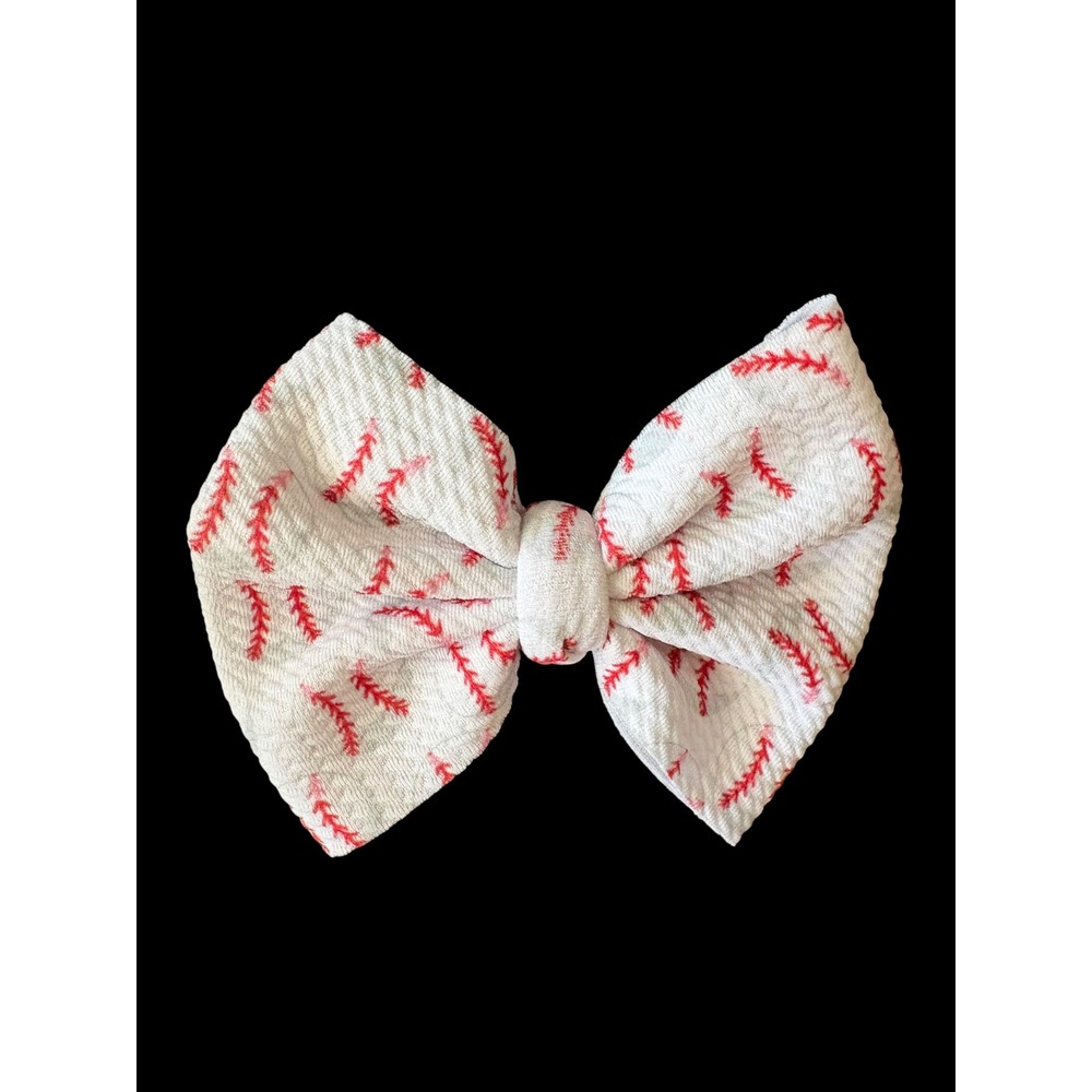 Baseball Print Hair Bow Clip Girls White Red Softball Sports 4 Inch